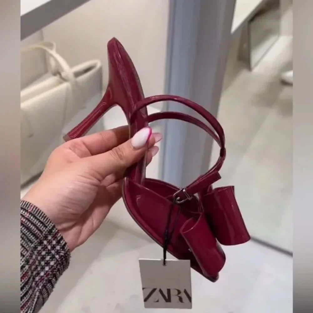 Zara Patent Leather Effect Bow Heel Sandal NWT Strawberry Red Size 37/ 6.5 - Picture 8 of 10